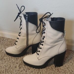 White and Black Lace Up Boots with Chunky Heel